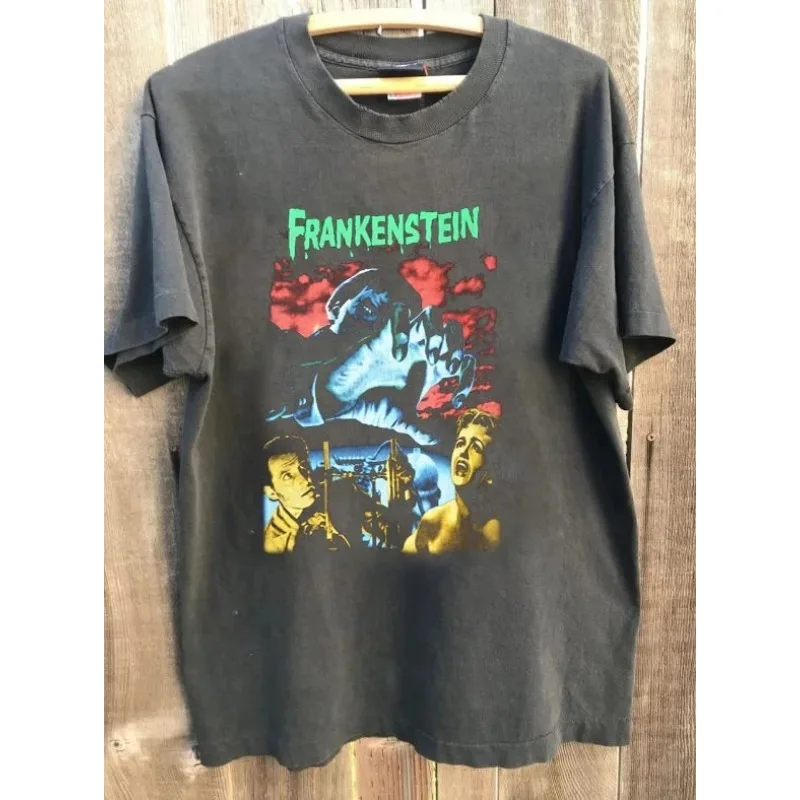 Camiseta Unisex de Moda Casual Retro con Estampado Retro de la Película Frankenstein, Color Gris Carbón, Nueva Colección de Verano