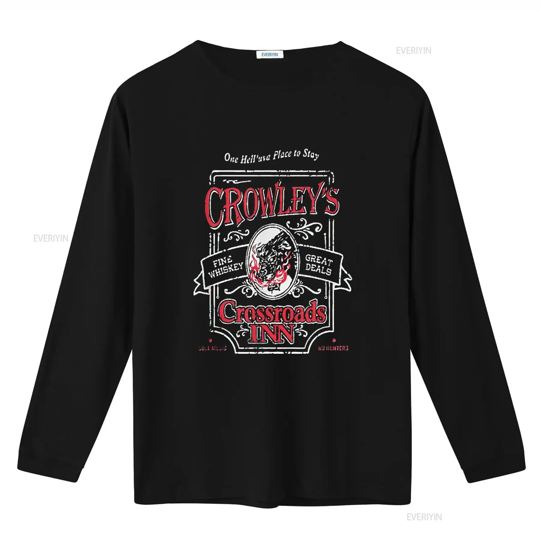 Camiseta masculina sobrenatural crowley s crossroads inn, preto, médio, vintage, lavado, gráfico macio, casual, streetwear, unissex, esticada