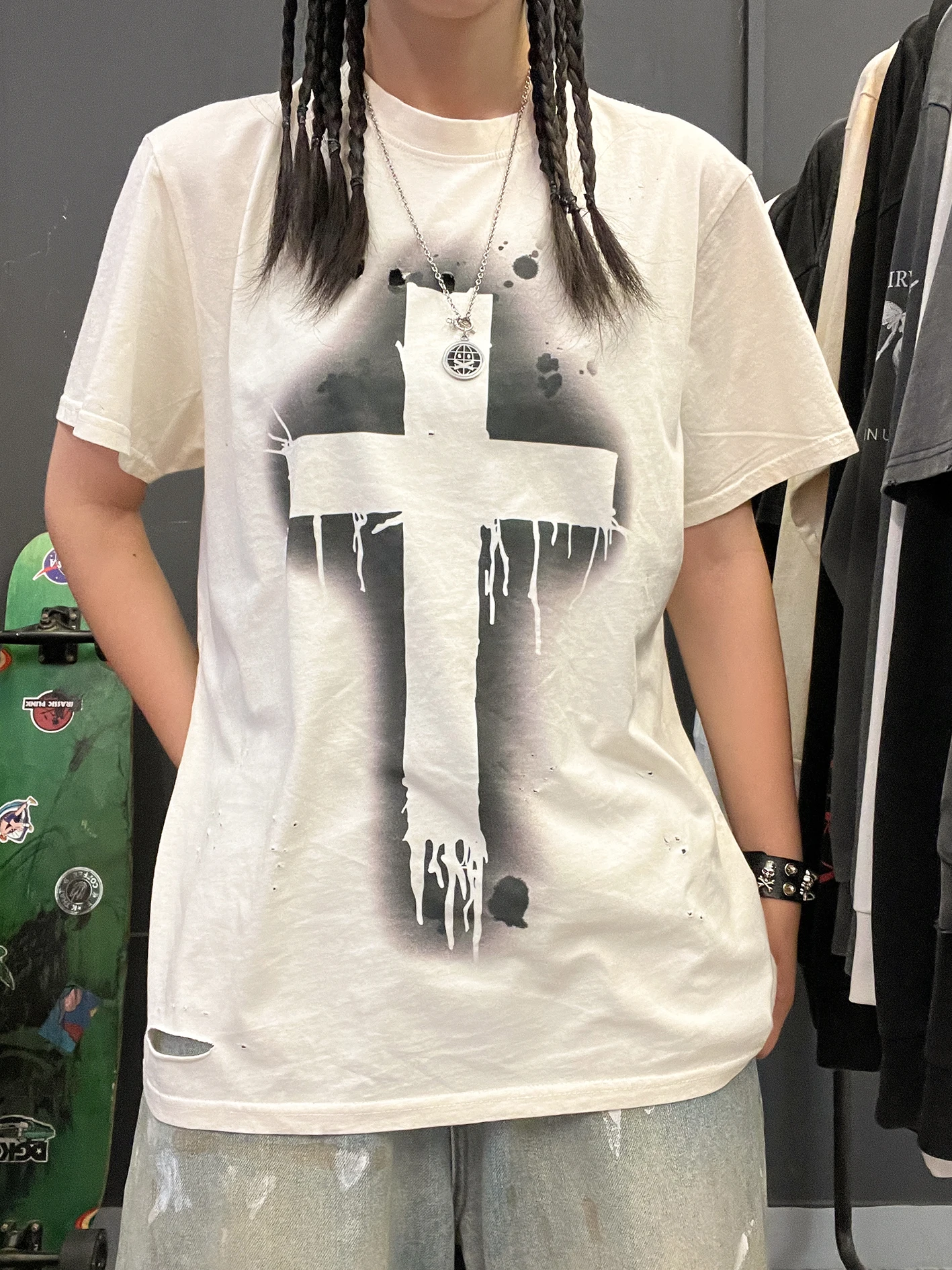 vintage-short-sleeve-t-shirt-180g-hole-retro-shadow-cross-college-style-casual-fashion-summer-2025-pocket-handkerchief