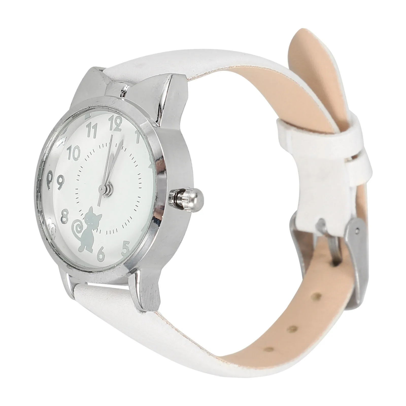 

Watch Quartz Watch Silver Case White Strap Cartoon Cat Design Fashionable Comfortable Eco Friendly Durable Precise