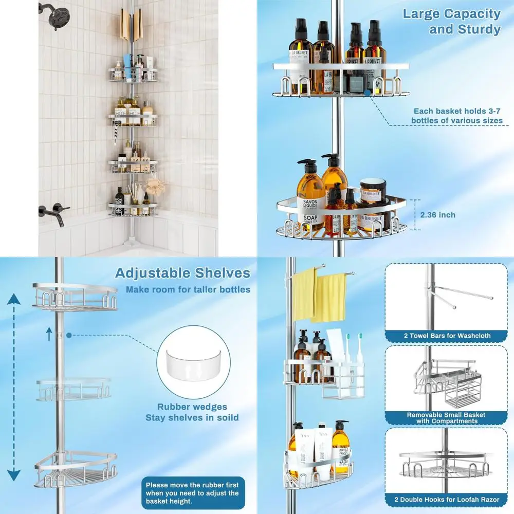 

Adjustable Shower Caddy with 4 Baskets for Bathroom, 23.6-114.5 Inch, Silver Towel Bar