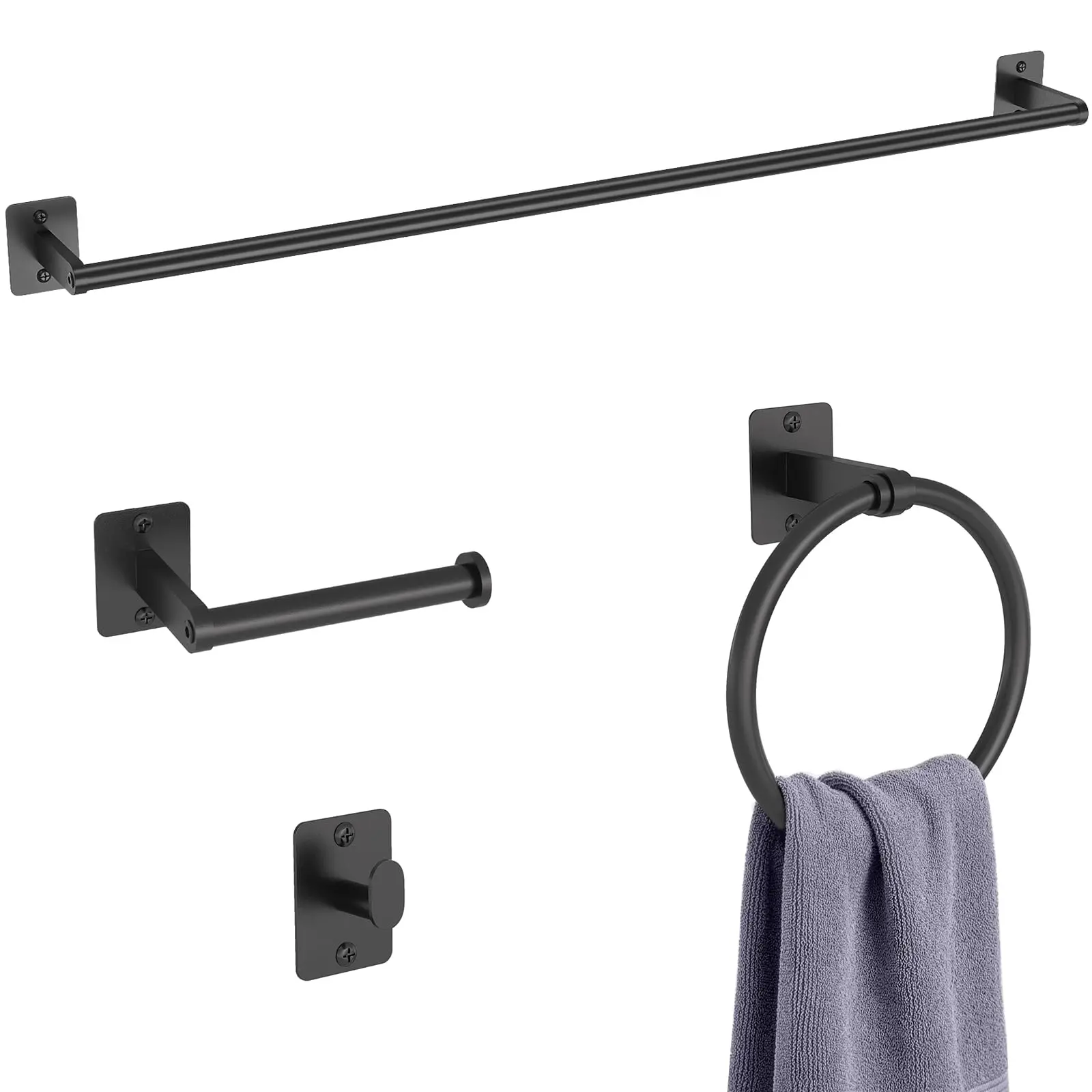 

Matte Black 4-Piece Wall Mounted Bathroom Hardware Set: 32″ Towel Bar, Circular Towel Ring, Toilet Paper Holder, And Single