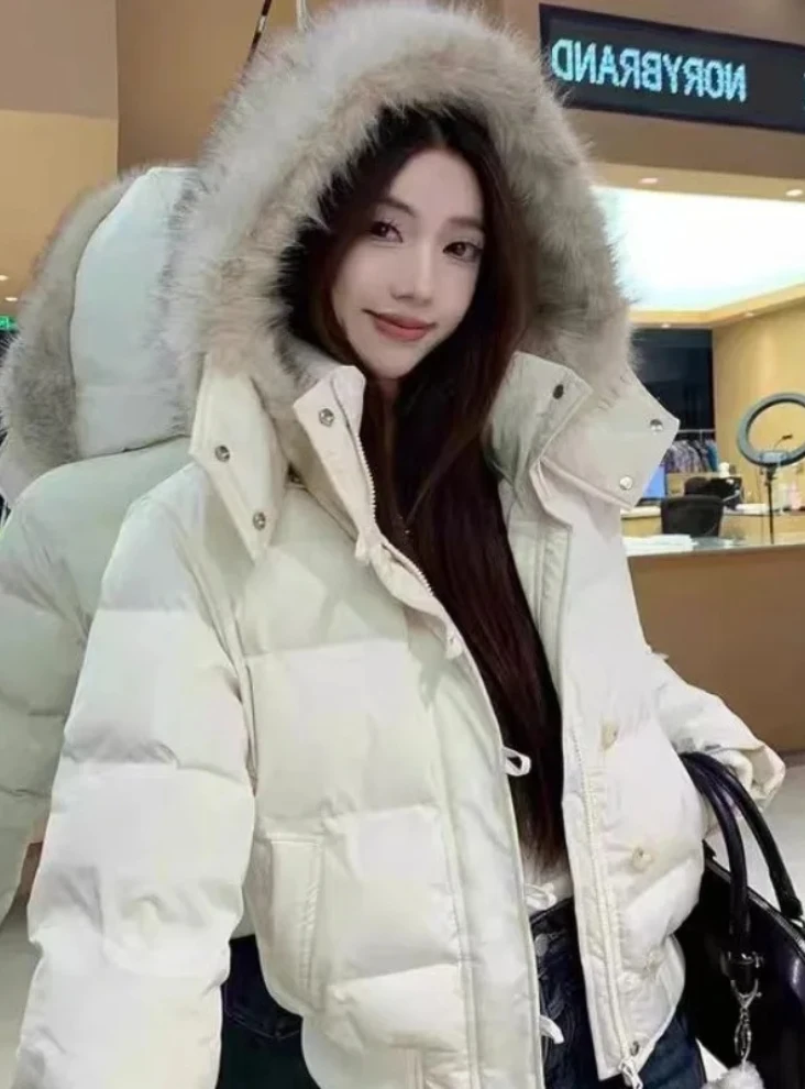 

Female Cropped Puffer Bubble Coat Autumn Winter Fur Hooded Jacket Women Outerwear Thick Cotton Slim