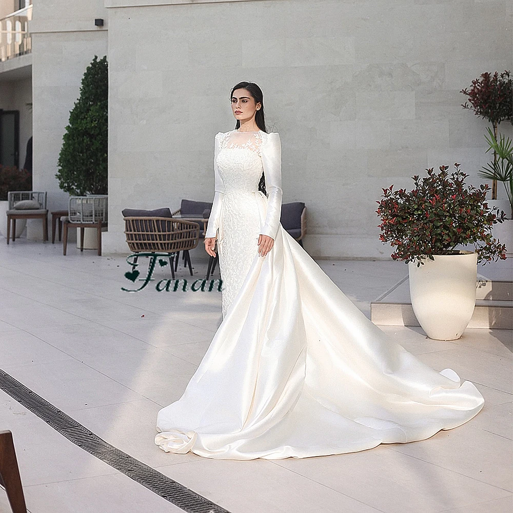 Personalizado o-pescoço simples cetim branco vestido de noite mangas completas com apliques de renda watteau trem vestido de festa até o chão vestidos