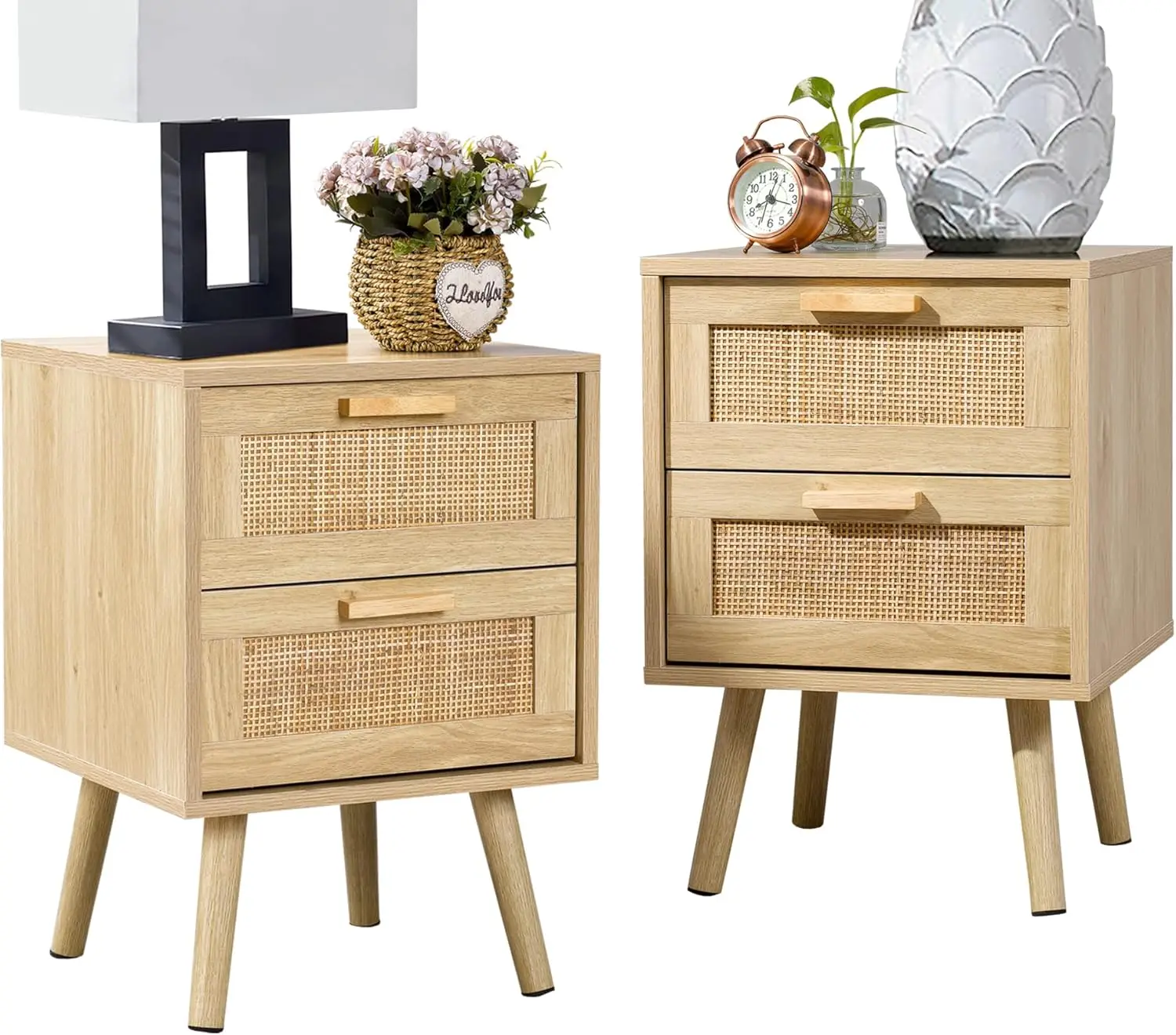 Side Table with 2 Hand Made Rattan Decorated Drawers, Nightstands Set of 2, Wood Accent Table with Storage for Bedroom, Natural,