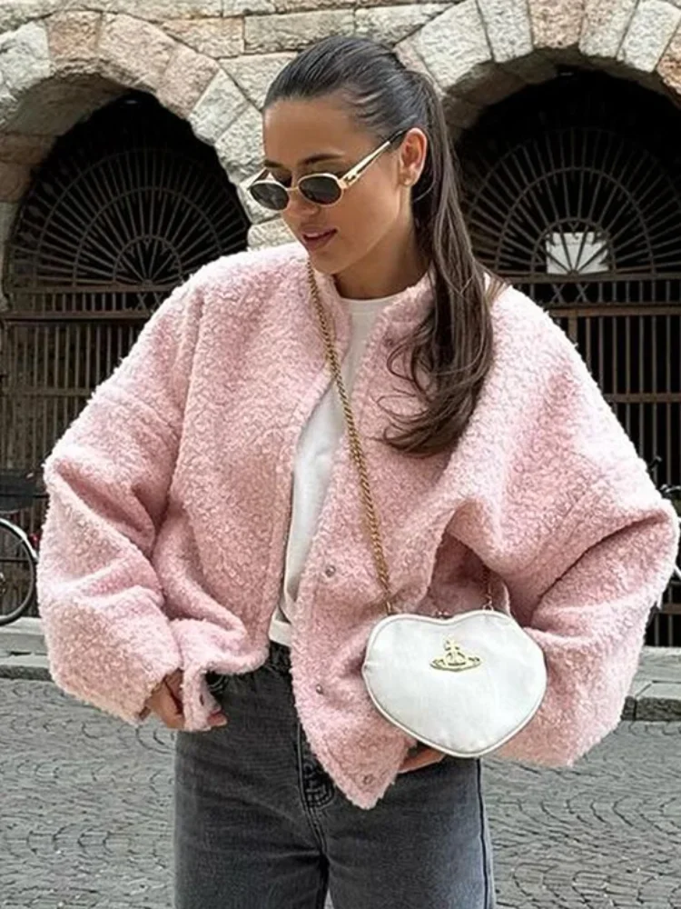 

Women Pink Lamb Wool Coats Casual O-neck Long Sleeve Single Breasted Pockets Jackets Lady Autumn Warm Daily Street Outerwear