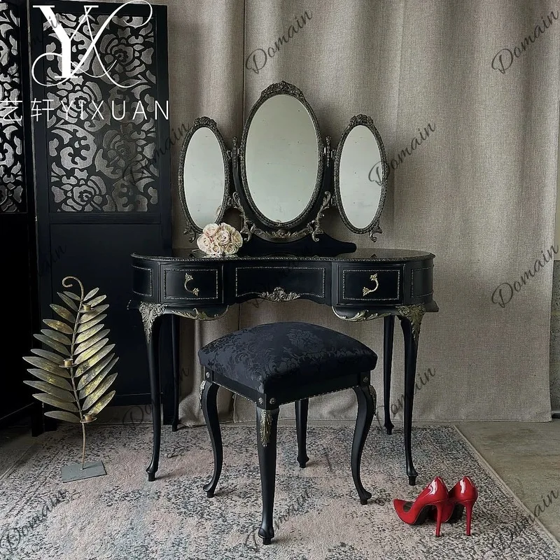 French Solid Wood Vintage Vanity Table with Mirror for Bedroom, Rustic Multi-Functional Storage Dresser
