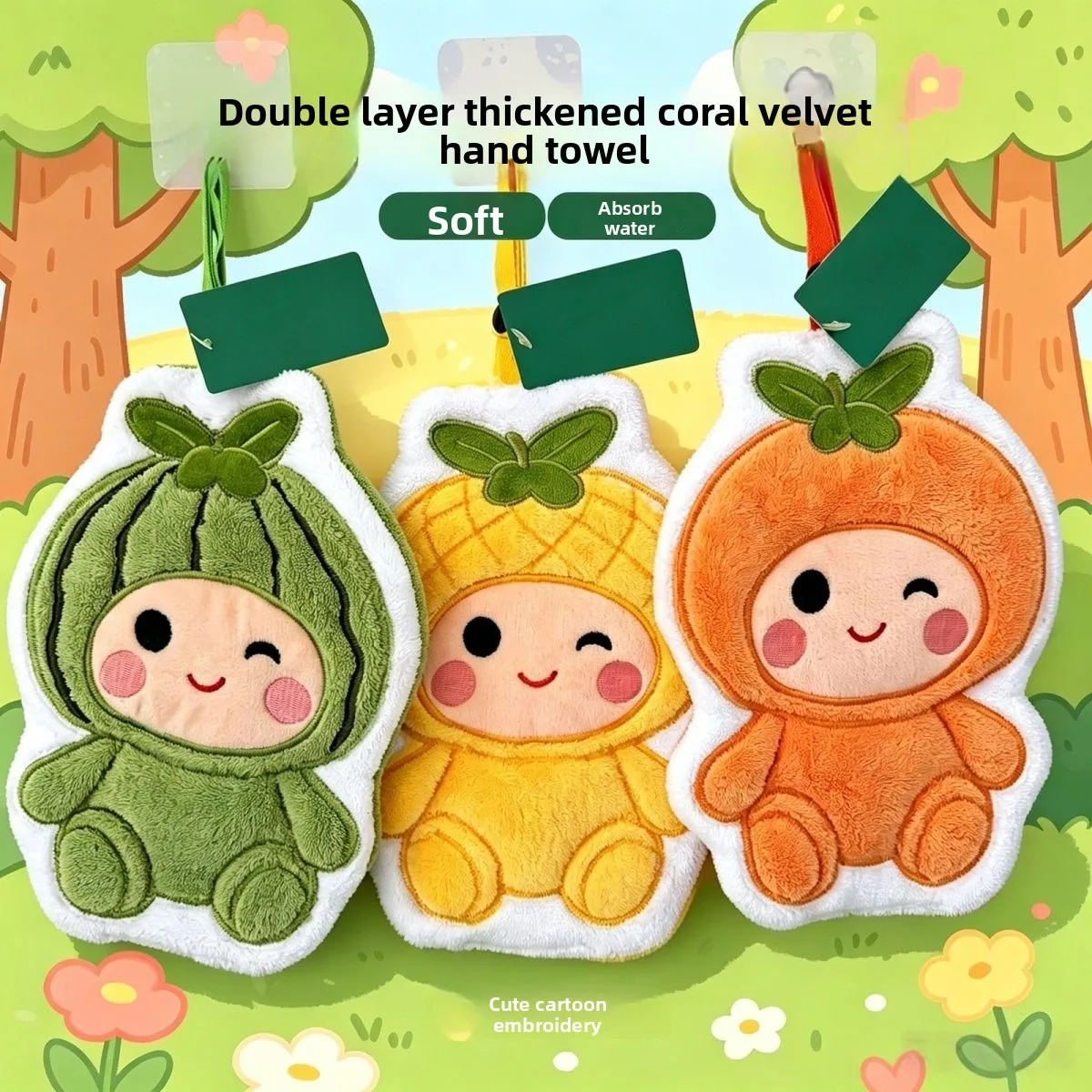 5Pcs Hanging Cartoon Fruit Hand Towels, Thick Coral Fleece Absorbent Cleaning Cloths, Household Wipes for Kitchen Bathroom