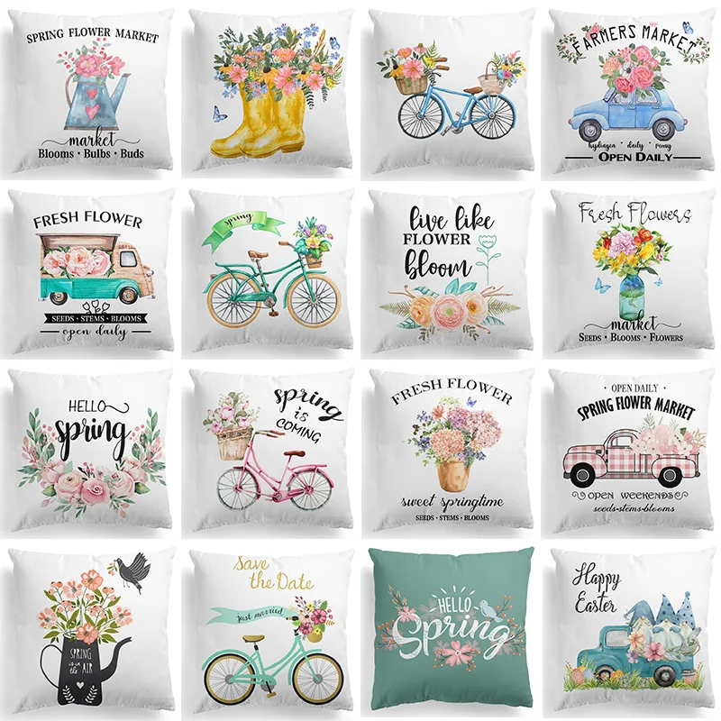 2022 New Polyester Spring Floral Cushions Case Flowers Bike Trucks Fashion Pillows Case Sofa Car Bed Throw Pillows Decor Home