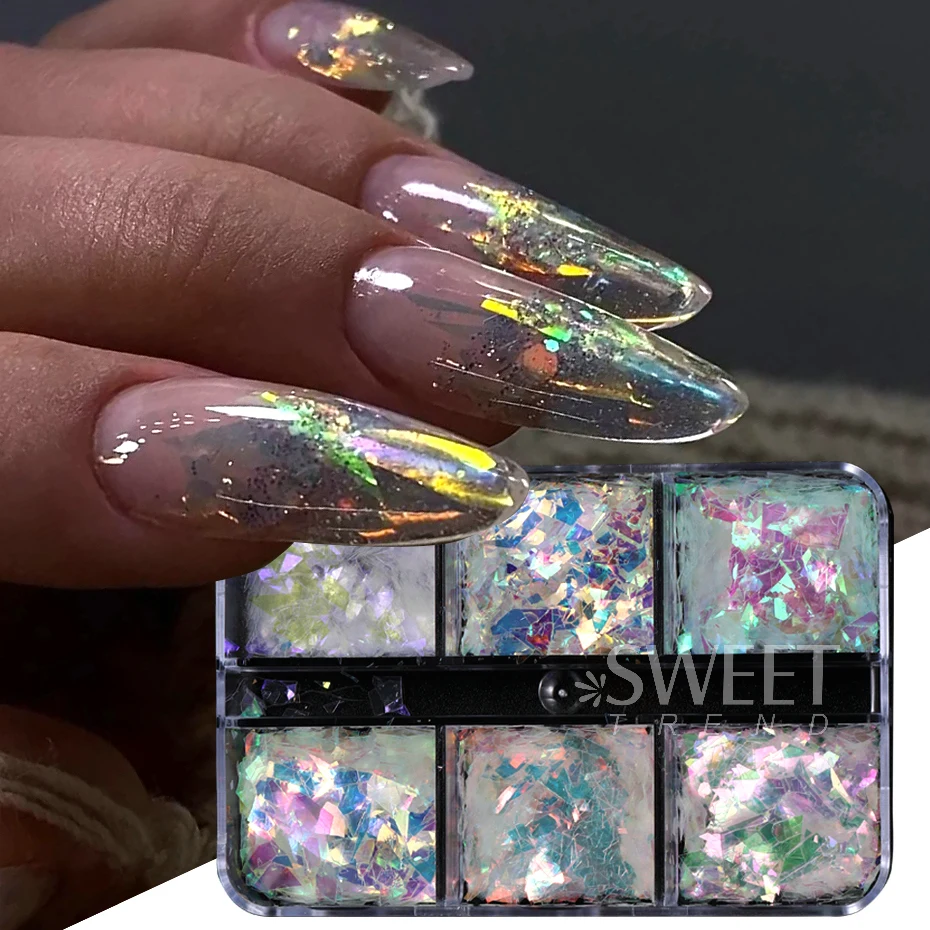 6 Gitter AB schillernde Nagelglitzerflocken unregelmäßige Aurora Sparkle Pailletten Kristallglas Fee Paillette DIY Maniküre Dekor Scheibe – Detail 5