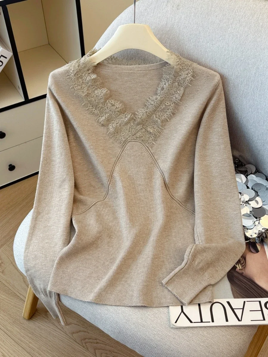 

Blubelle Lace Patchwork V-neck Long Sleeved Knit Sweater Women's Top Early Autumn New Style Interior Undercover Sweater