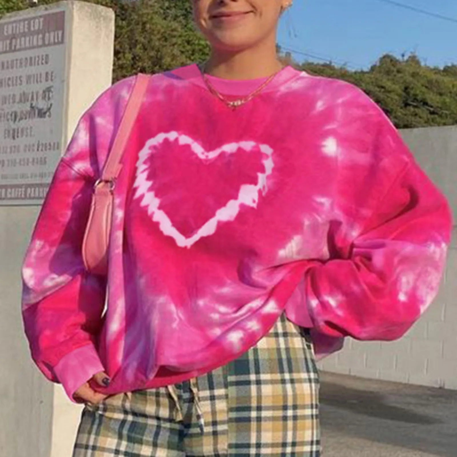 Women's Korean Heart Pattern Pullovers Pink O-Neck Pull Sweatshirts Tie Dye Long Sleeve Tops Autumn Aesthetics Y2K