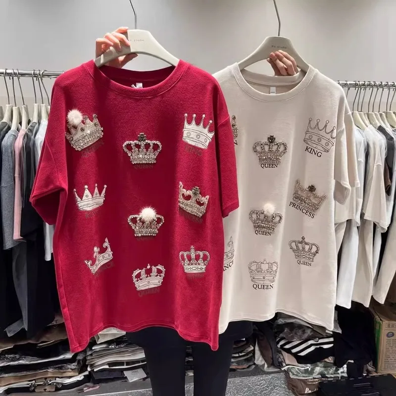

Oversized T Shirt Spring/Summer Korean Clothes Women Short Sleeve Heavy Craftsmanship Beading Crown Show Loose Medium Long Tops