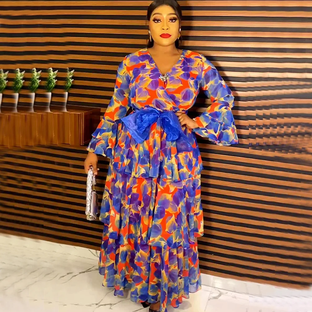 Plus Size African Party Dresses for Women 2024 New Summer Fashion Africa Clothing Elegant Turkey Muslim Print Chiffon Maxi Dress