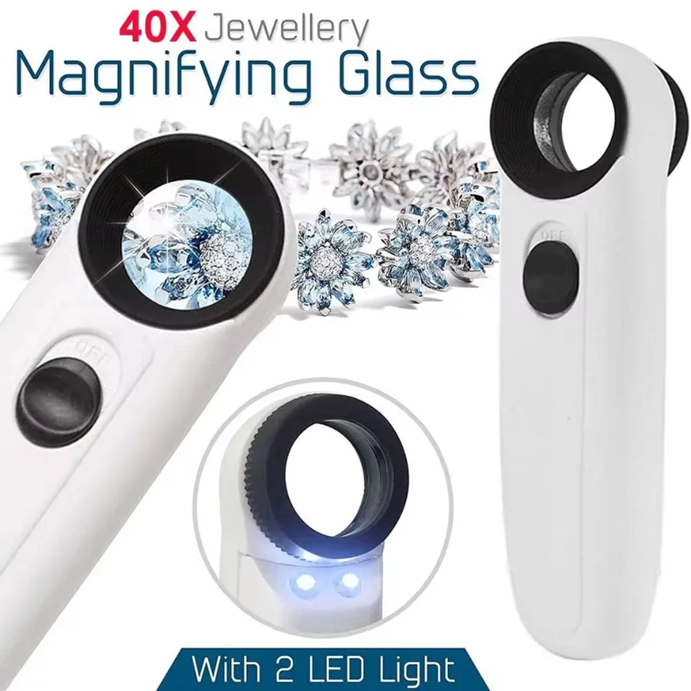 40X magnifying glass with 2 LED lights for inspecting maps, stamps, jewelry circuit boards, laptop with lamp magnifying glass