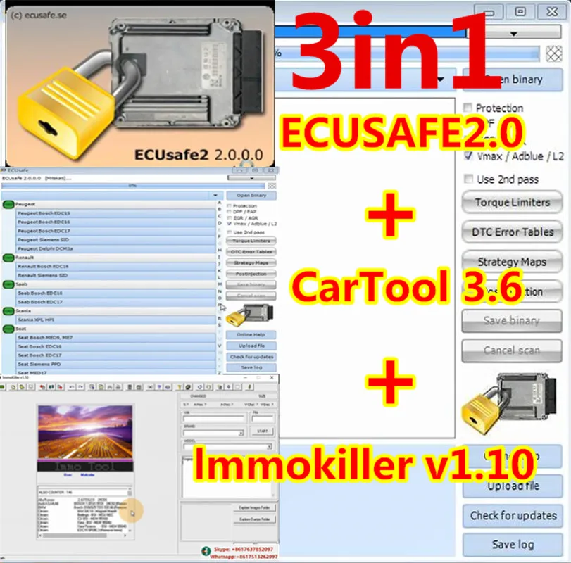 2024 горячая Распродажа ECUSafe 2,0 ECU ECM 2,0 + ImmoKiller v1.1 программное обеспечение Immo Off v1.1 + CarTool Chip Tool Software 3,6 установить