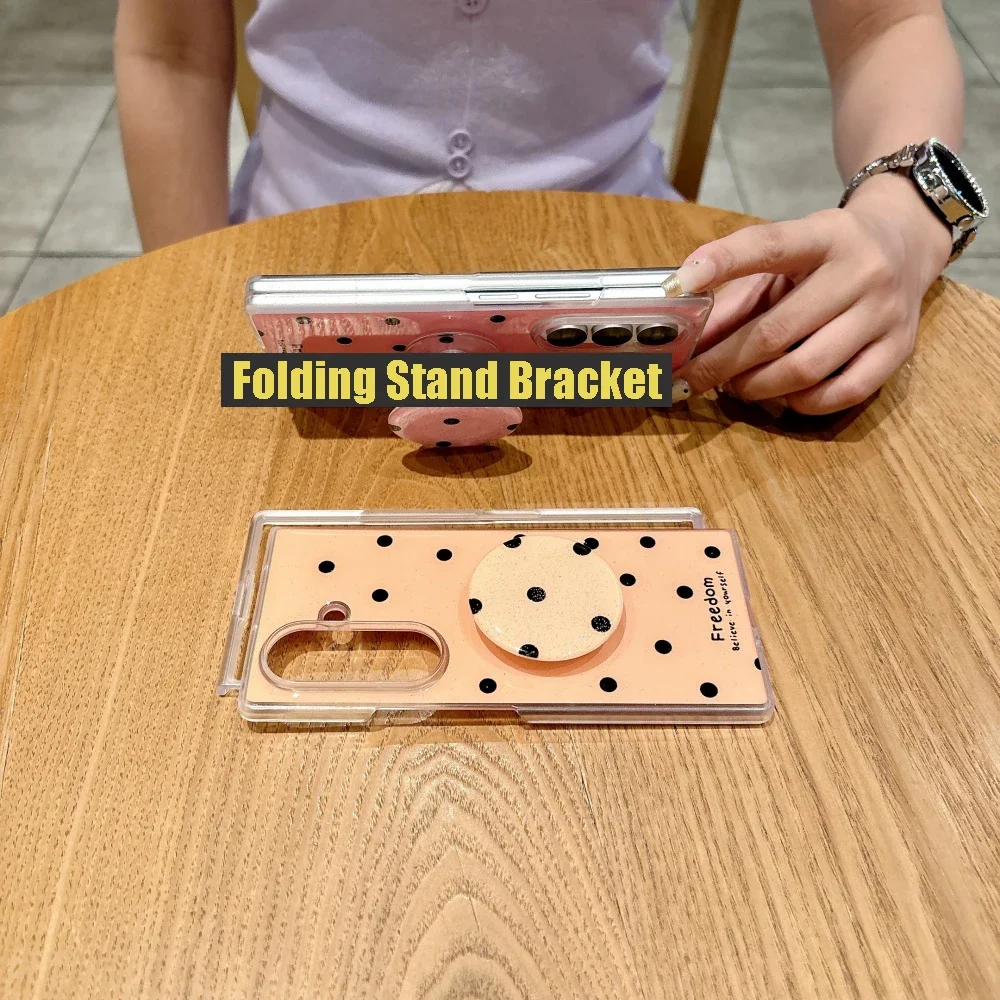 High-end Fashion Black Polka Dot Epoxy Phone Case for Samsung Galaxy Z Fold 7 6 5 4 Folding Stand Bracket Shockproof Soft Cover