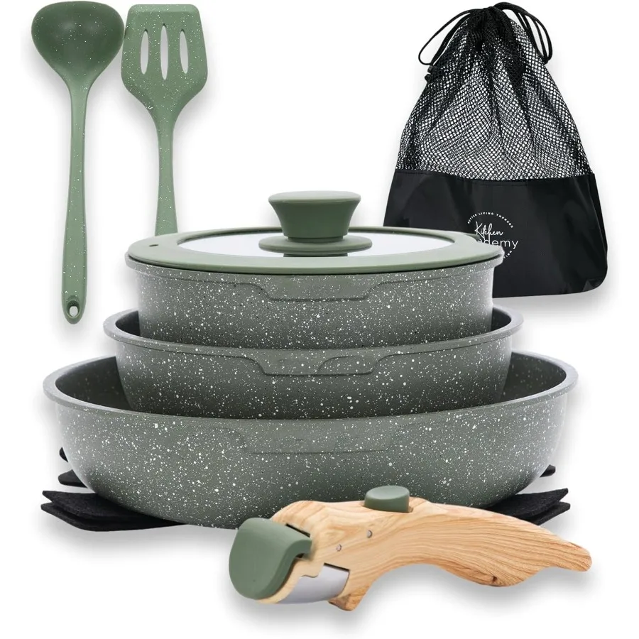 

10 Pcs Non-Stick Kitchen Cookware Set with Detachable Handles for Induction Cooking Oven-Safe Camping Cookware for RV and Outdo