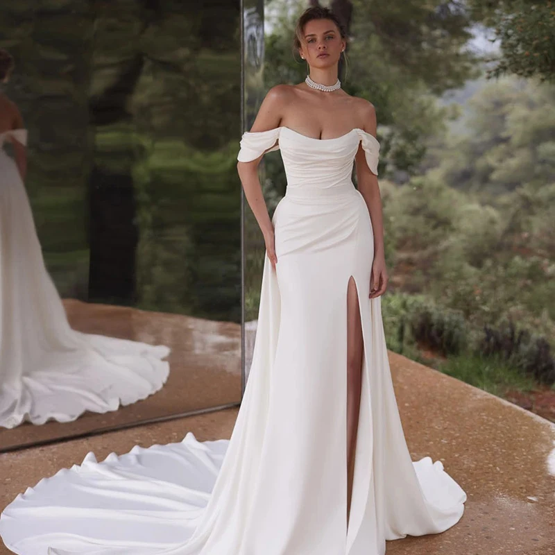 

Eightree, простые свадебные платья русалки, белое атласное свадебное платье с открытыми плечами и разрезом по бокам, 2025 г., свадебные платья для выпускного вечера по индивидуальному заказу