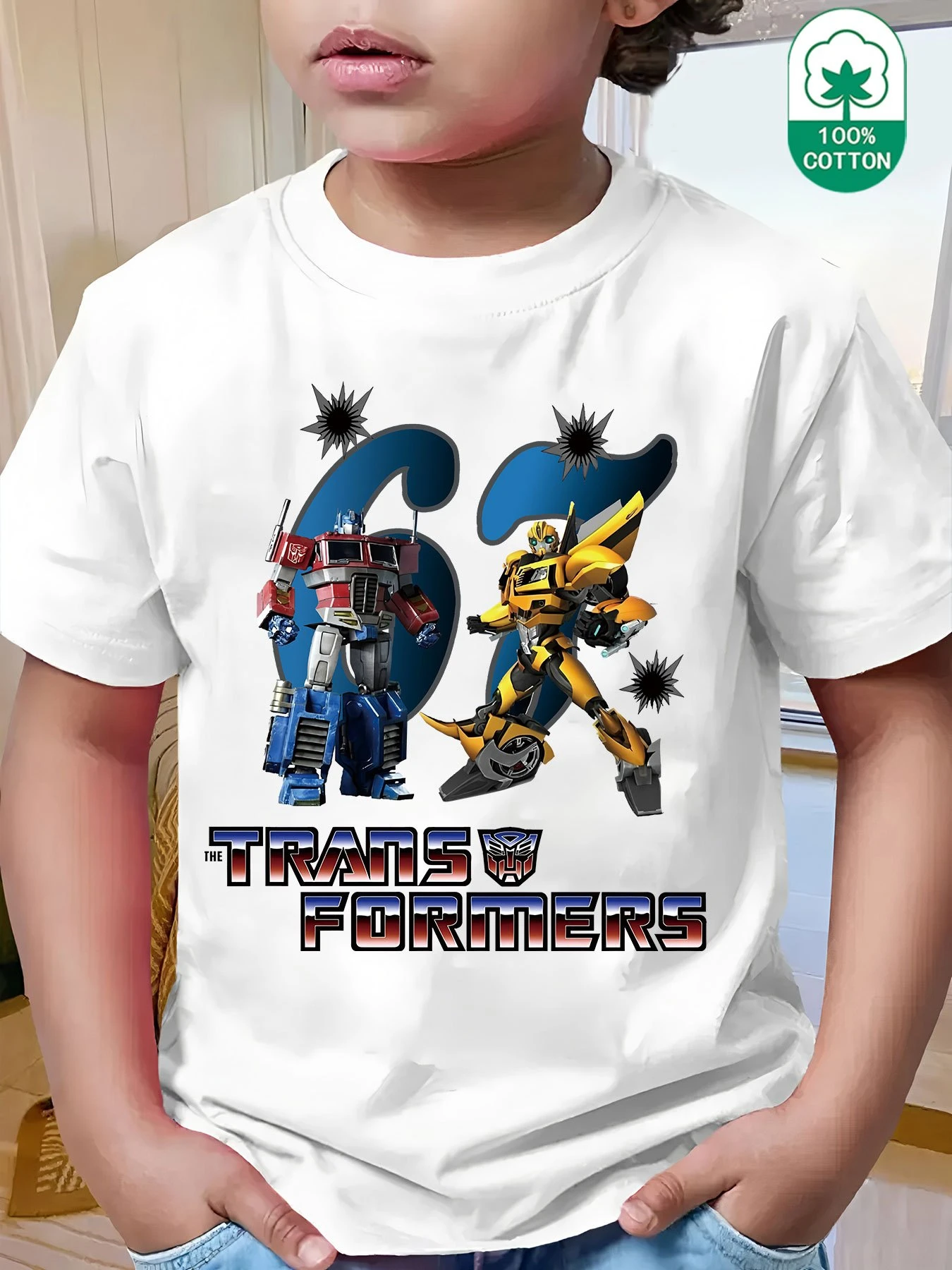 Transformers animados "Optimus Prime y Bumblebee" 67 números camiseta con estampado creativo, moda casual cuello redondo