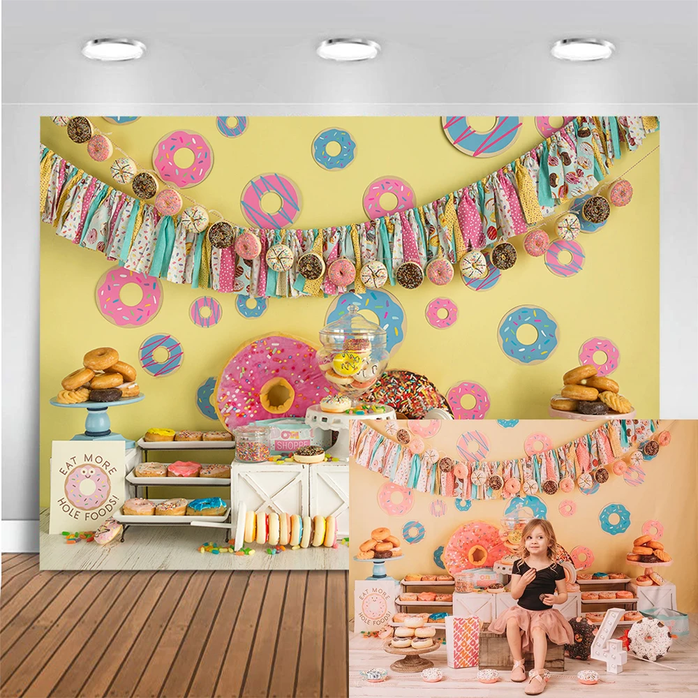 Fotografie Achtergrond Verjaardagstaart Smash Fotostudio Rekwisieten Monster Koekjes Foto Achtergrond Vintage Donut Met Ballonnen