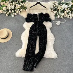 Elegant Sequined Jumpsuits Women Fashion Autumn Transparent Strap Faux Fur Hem Off Shoulder High Waist Wide Leg Velvet Rompers