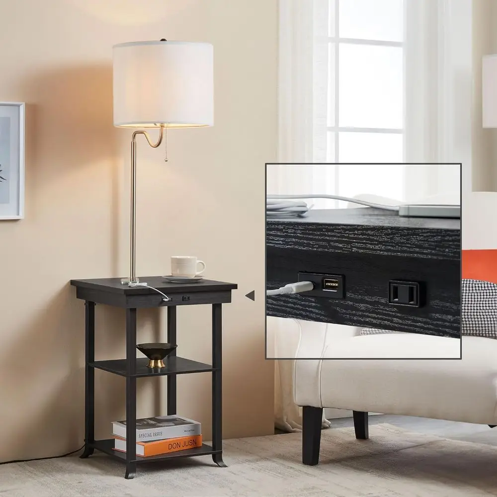 End Table with Lamp and Charging Station – Side Table with USB-C, USB, and Built-in Light – ern Nightstand with Pull Chain, Seam