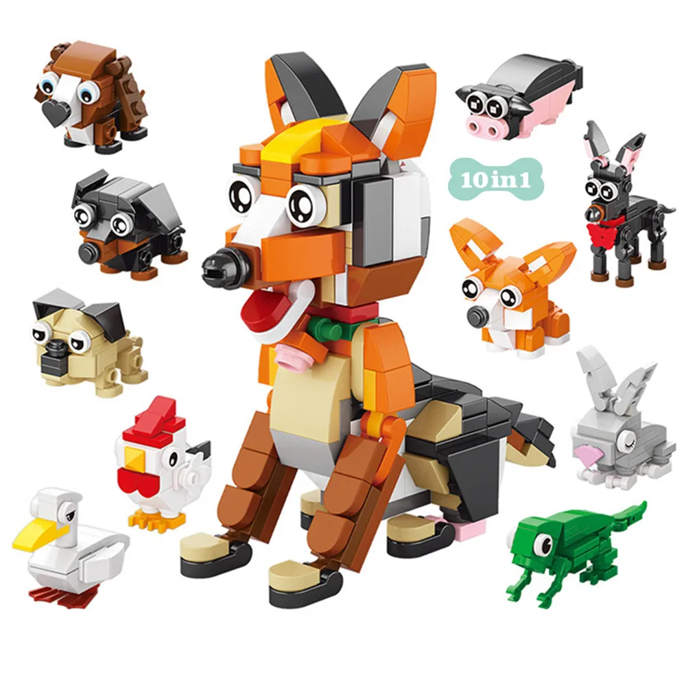 Animals World Insect Fish Bird Dog Elephant Panda Giraffe Honeybee 10 In 1 Building Blocks Kit Bricks Model Kids Toy Children