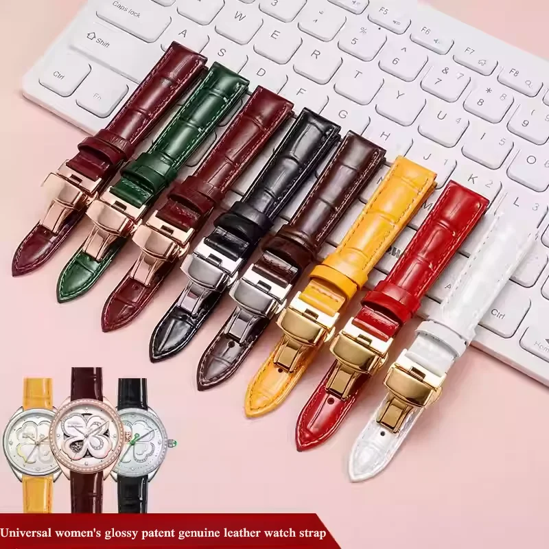 Bamboo-grain genuine leather watch band high-gloss patent leather watch strap universal flat end wrist belt for men women