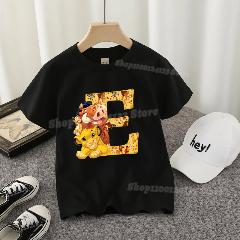 Lion King Boys T-shirt Cotton Letter A-Z Disney Simba Pumbaa Print Tee Shirt Cute Cartoon Kids Child's Streetwear Casual Clothes