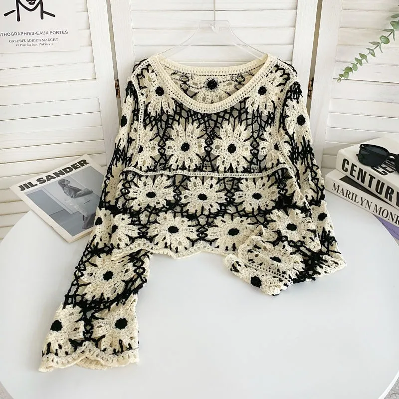 المرأة الصيف سترة طويلة الأكمام الكروشيه الجدة س الرقبة المفتوحة متماسكة المحاصيل سترة أعلى البلوز لاعبا بوهو شاطئ عطلة الزي #2