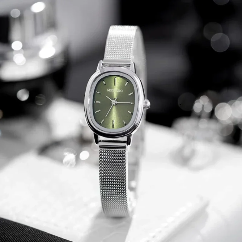 Зеленые часы с маленьким овальным циферблатом, простые модные брендовые женские наручные часы из нержавеющей стали, женские роскошные подарочные кварцевые часы, дропшиппинг