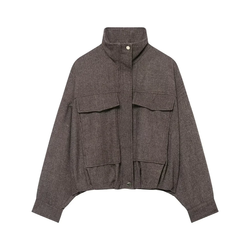 

Осенне-зимняя новая женская одежда, карманное украшение, воротник-стойка, узор в елочку, пушистая куртка-пилот, куртка, куртка