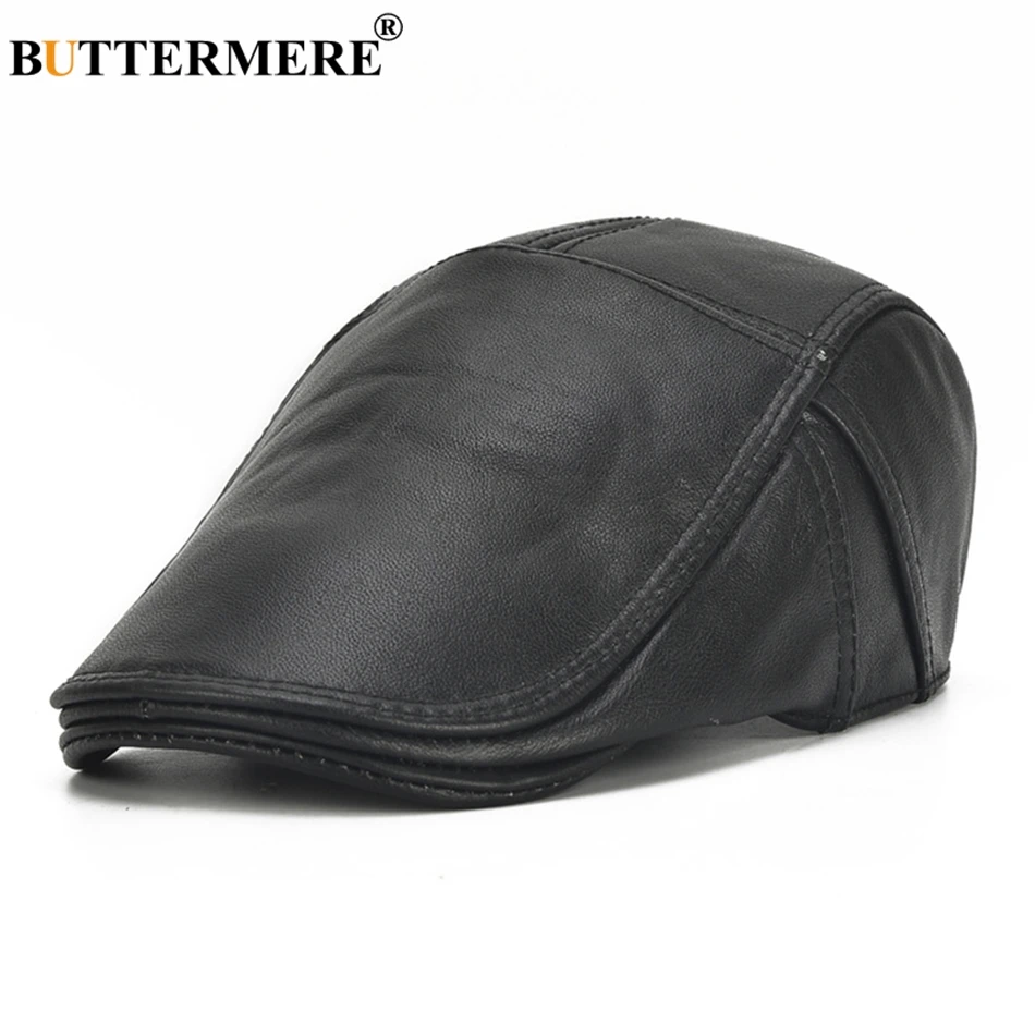 BUTTERMERE Mens Flat Caps Real Leather Hats Berets Male Genuine Leather Cowskin Adjustable Ivy Cap Classic Driving Cabbie Caps