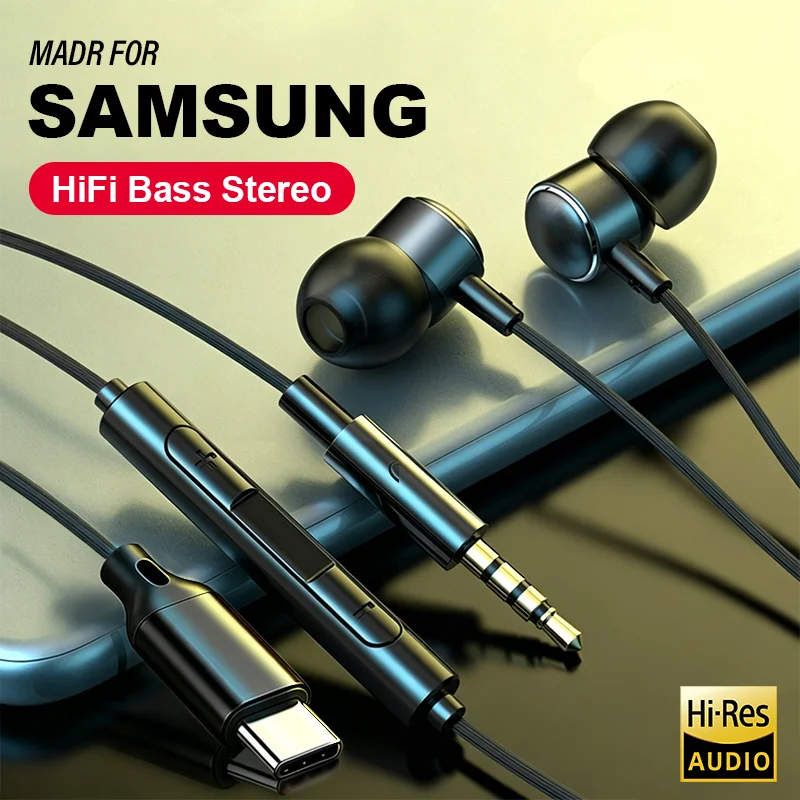 For Samsung Headphones USB Type C 3.5mm Wired Earphone With Wire Control In-ear Earplugs HiFi Bass Stereo For Galaxy S25 S24 S23