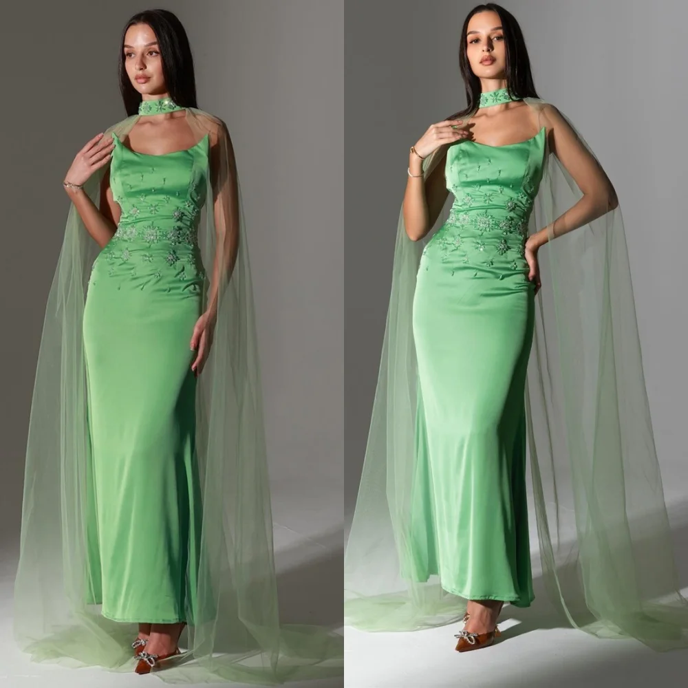 

Customized Exquisite Green Satin Evening Dress High Quality Strapless Shawl Prom Dress Court Train Mermaid Homecoming Dress