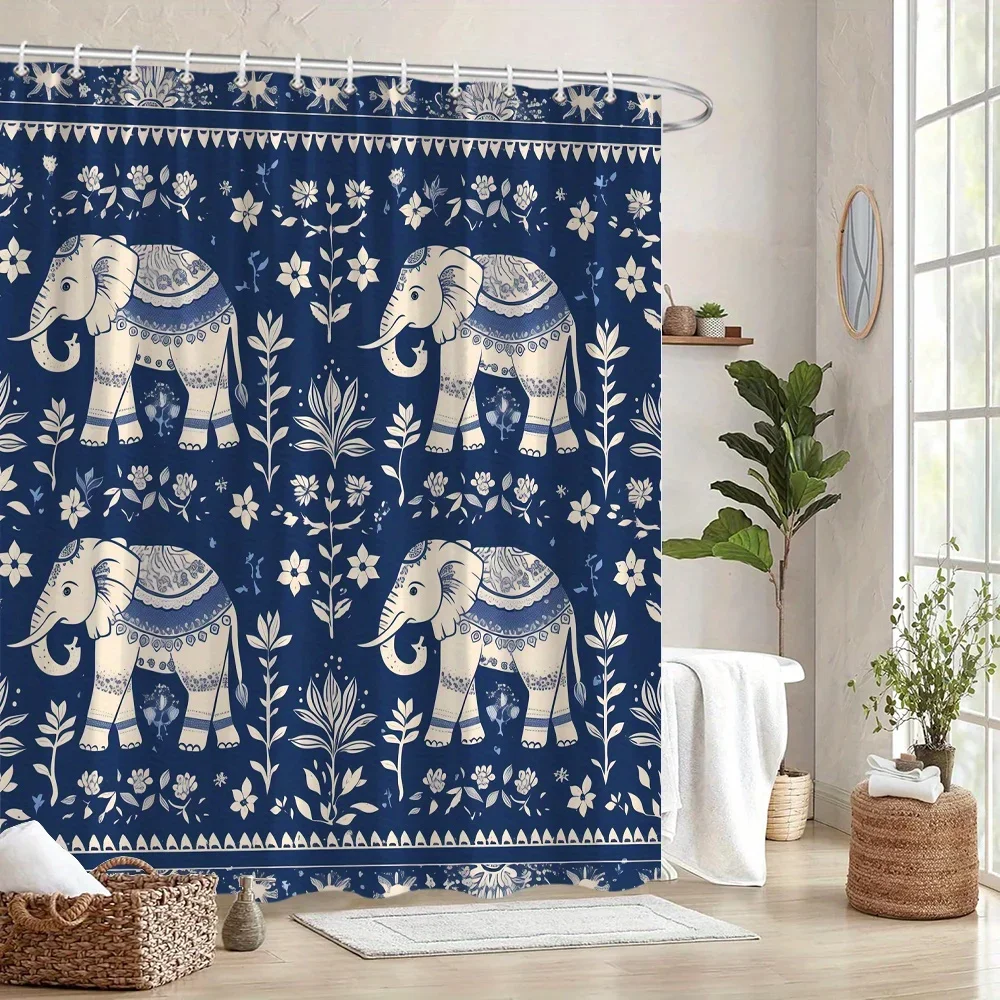 

Blue & White Tribal Elephant Shower Curtain - Floral Motifs, Traditional Art, 12 Hooks, Home Bath Decor
