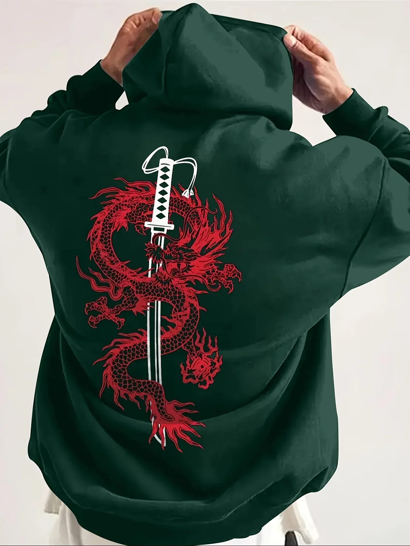 Men's Japanese Hoodie Dragon Katana Sword Graphic Back Print Oversized Sweatshirt Samurai Warrior Streetwear Pullover