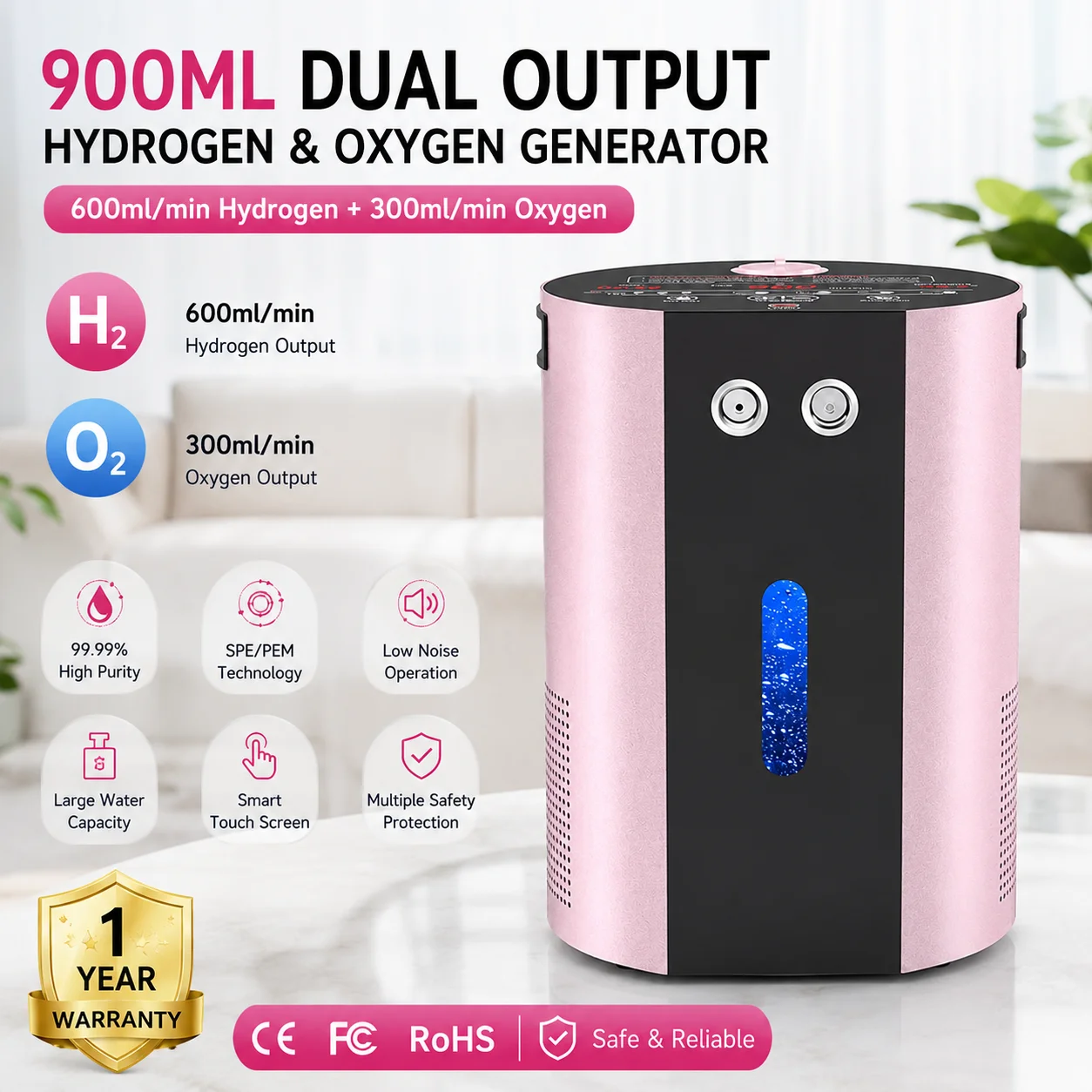 900ml/min HHO Hydrogen Inhalation Machine H2 O2 Generator Oxyhydrogen Inhaler SPE PEM Water Home Spa Salon Wellness Device
