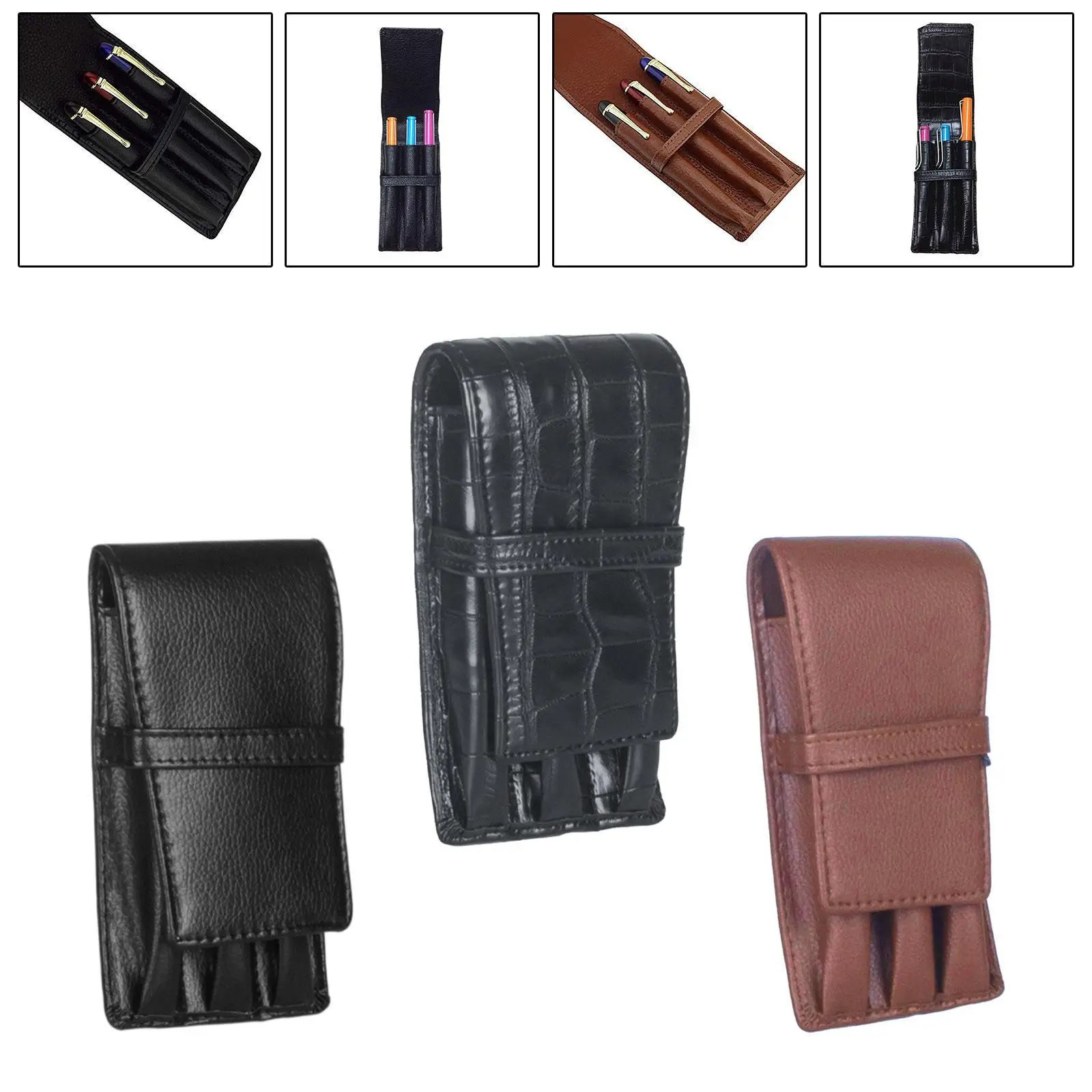 Leather Pen Case 3 Slots Pen Protective Sleeve Cover for Women Men