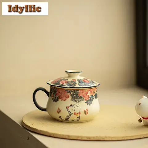 200ml Handcrafted Gold-embellished White Cat Filter Tea Separator Cup Vintage Tea Mug With Infuser Tea Brewing Office Water Cup