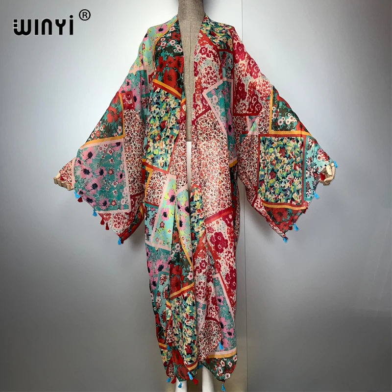 WINYI Bohemian Kimono Print Women Coat Loose Tassels Long Coat Beach Holiday Swimming Cover Up Party Dresses Luxury Dubai Abaya