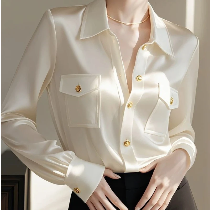 Polo Neck White Long Sleeve Elegant Blouse Spring Autumn New Solid All-match Temperament Shirt Tops Office Korean Women Clothing