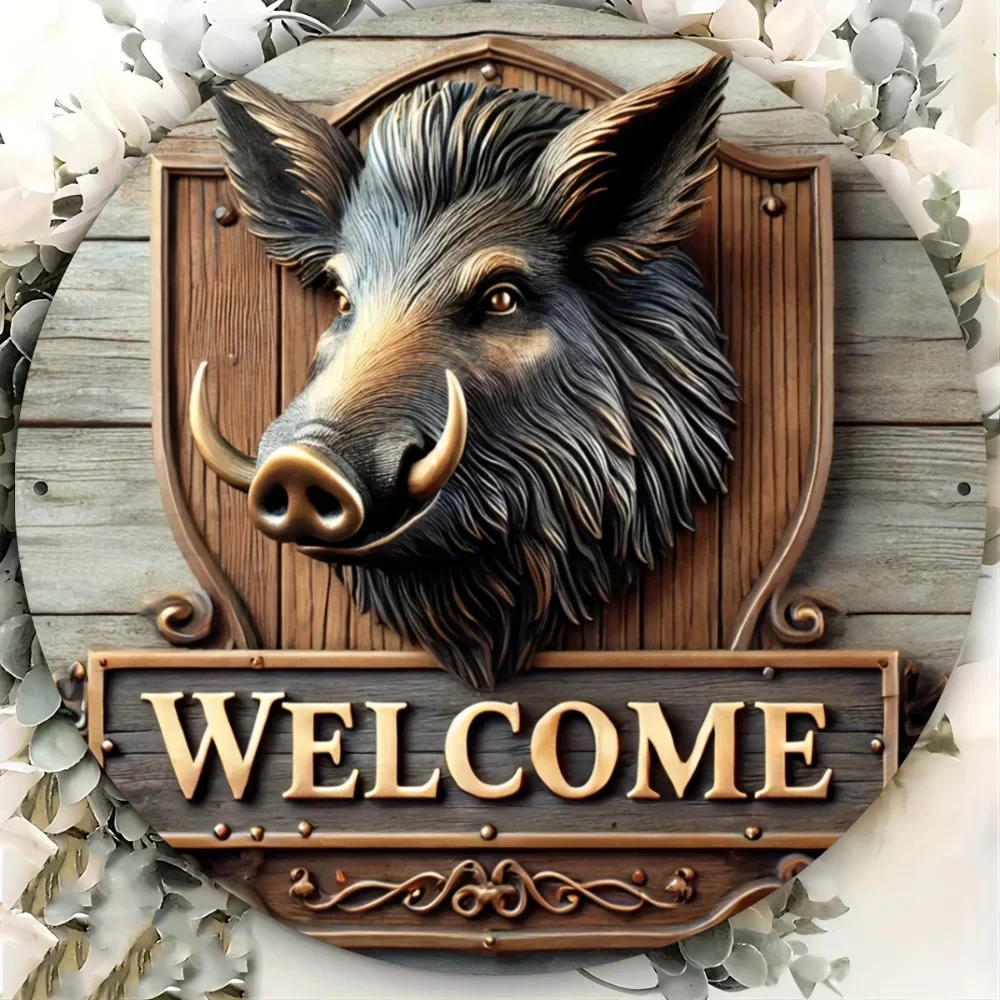 Rural Wild Boar Metal Sign with High-Definition Printing, Weatherproof, Pre-Drilled, Home Wall Decoration