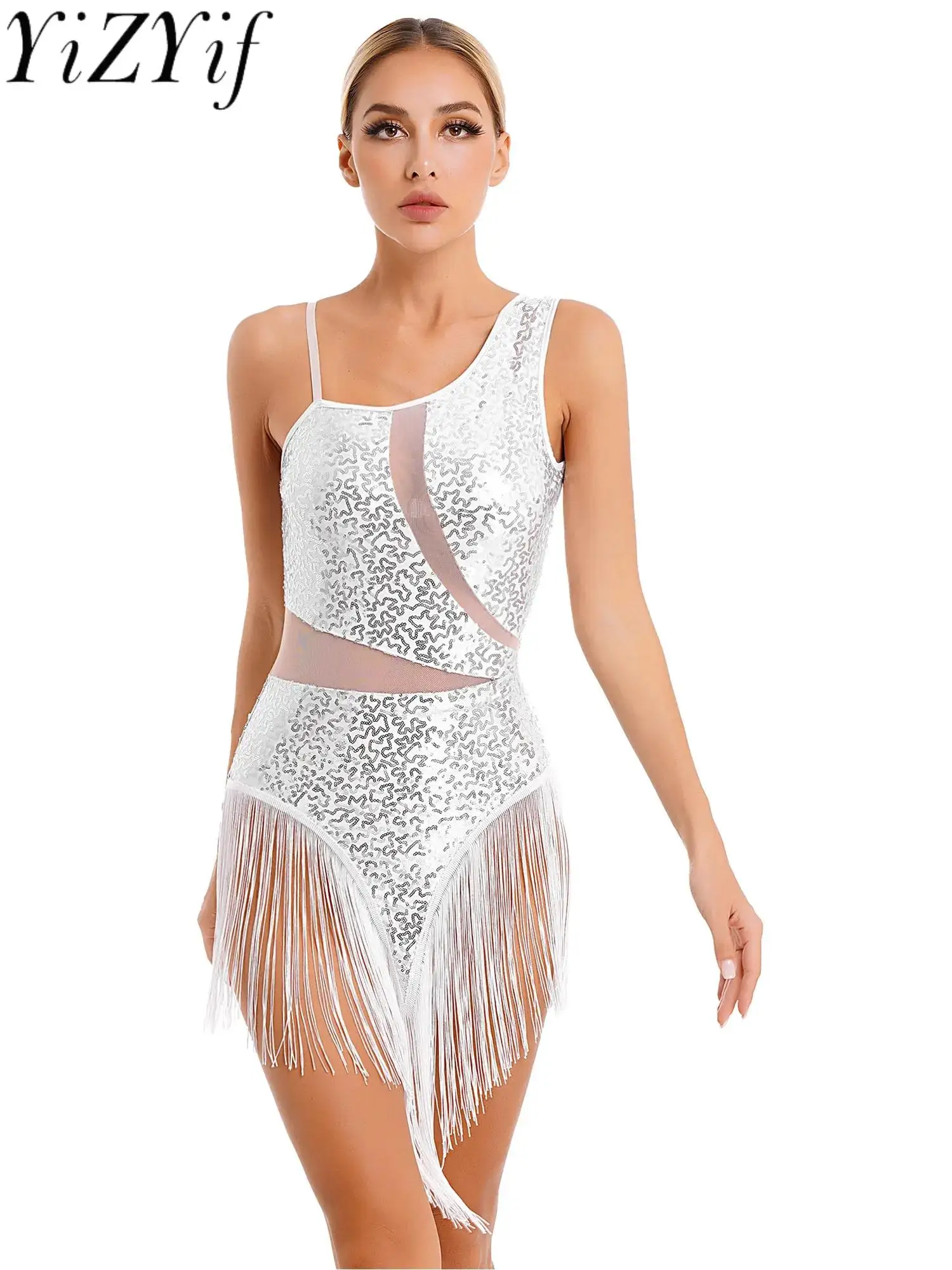 Vestido de leotardo con flecos y lentejuelas brillantes para mujer, traje de baile latino para competición de baile, mono de actuación de Samba Rumba