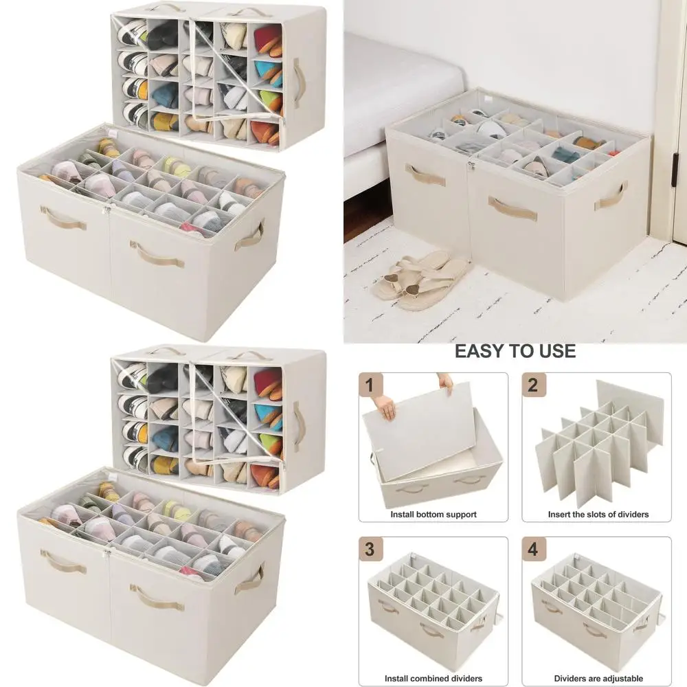 

2-Pack Collapsible Shoe Boxes with Adjustable Dividers and Clear Lids, 40-Pair Beige Shoe Storage Organizer Cabinet with Reinfor