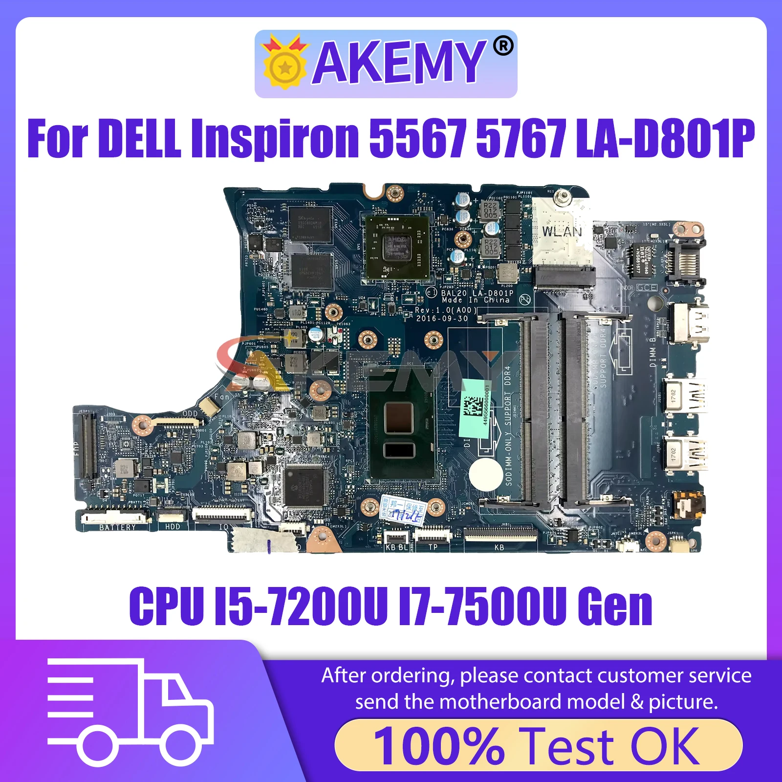 

AKEMY LA-D801P Notebook Mainboard For DELL Inspiron 15 5567 17 5767 0KFWK9 CN-0KFWK9 Laptop Motherboard With I5-7200U I7-7500U