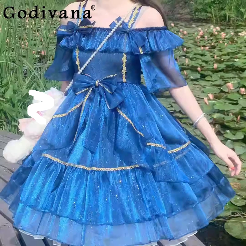 

Spring Summer Lolita JSK Elegant Unique Blue Sweet Girl Princess Dress Fashion High Waist Versatile Age-reducing Fairy Dresses