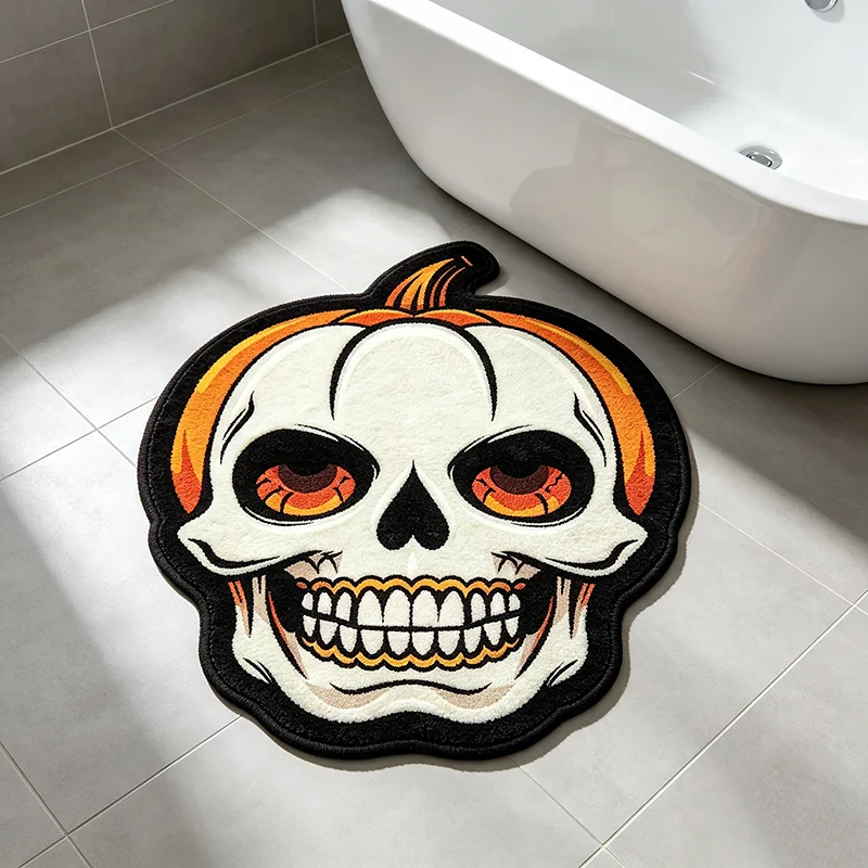 VIKAMA Halloween Skull Pumpkin Irregular Rug Spooky Gothic Horror Non Slip Mat Bathroom Entrance Indoor Holiday Home Decor