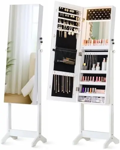 FullLength Standing Jewelry Armoire Cabinet with Storage Mirror | Builtin LED Makeup Mirror, 3 Tilt Angles, 48H